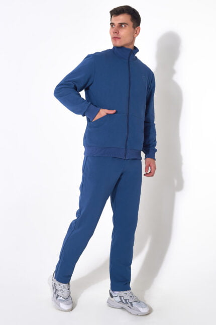 Синий индиго мужской спортивный костюм (футер без начёса) состоящий из джемпера на застёжке - молнии и прямых брюк