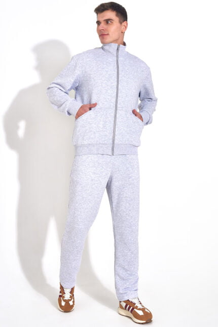 Серый меланж мужской спортивный костюм (футер без начёса) состоящий из джемпера на застёжке - молнии и прямых брюк